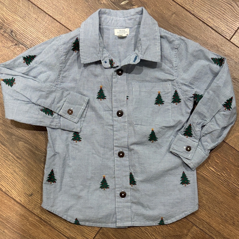 Janie and Jack Blue Shirt with Tree Pattern
